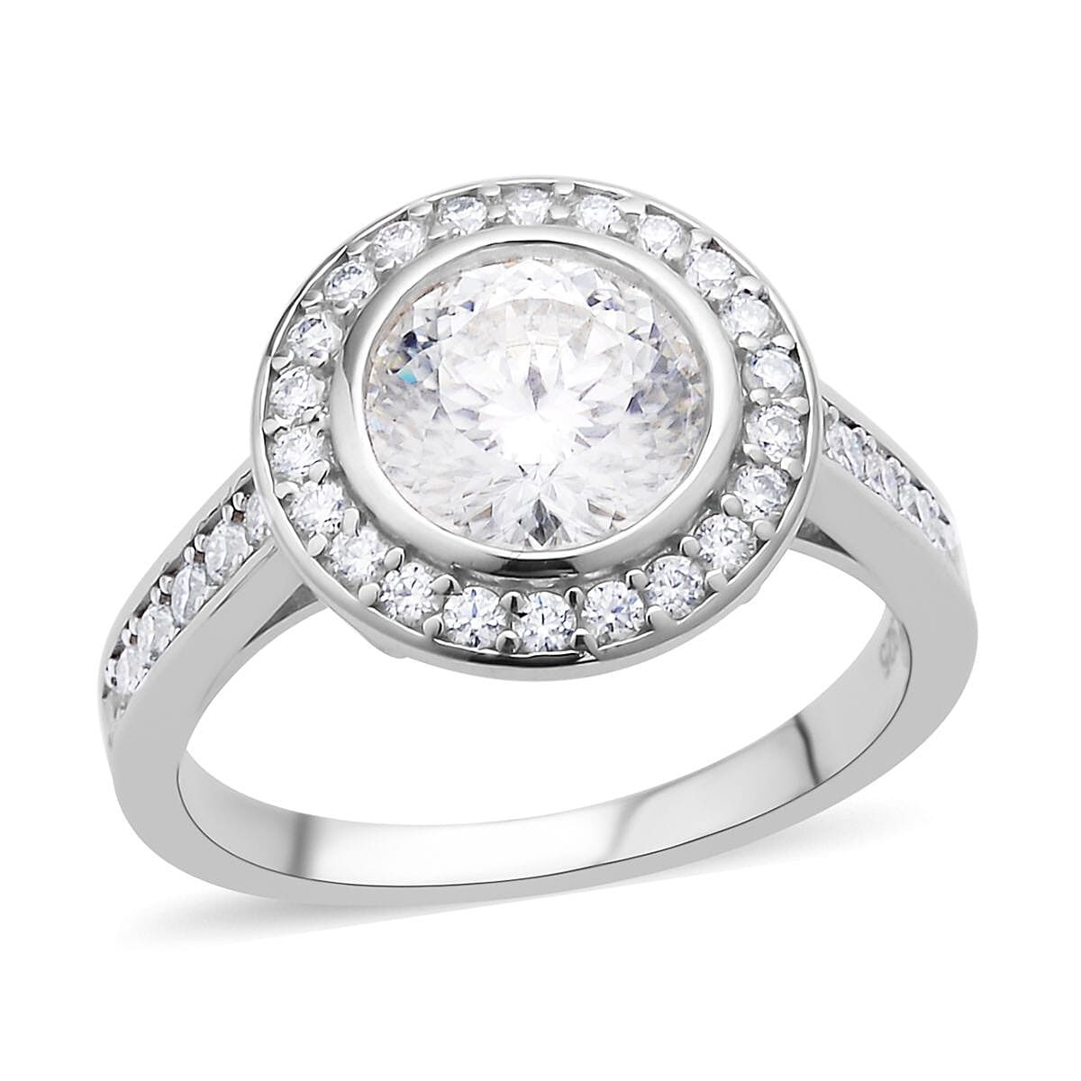 129 Facet Moissanite Halo Ring in Rhodium Over Sterling Silver (Size 10.0) 2.50 ctw