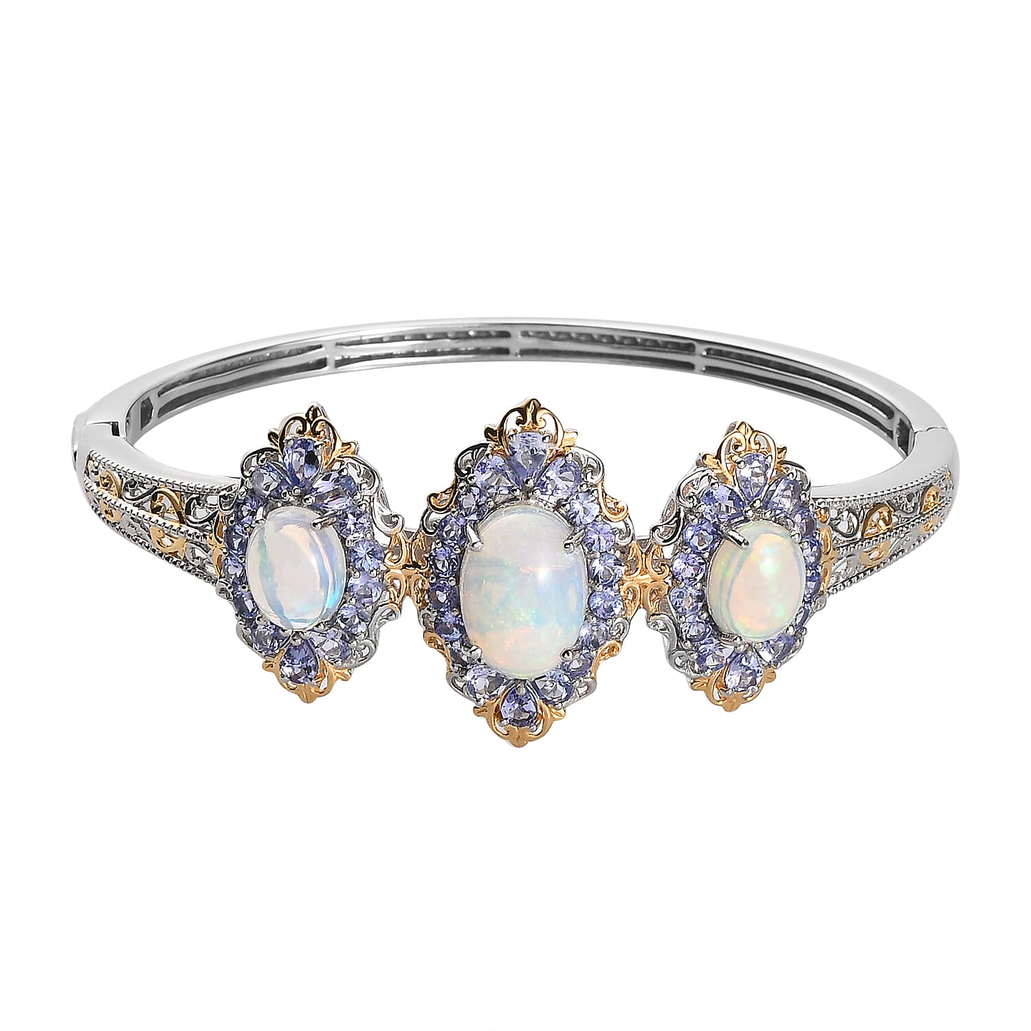Premium Ethiopian Welo Opal and Tanzanite Bangle Bracelet in Vermeil YG and Platinum Over Sterling Silver (7.25 In) 24.40 Grams 11.65 ctw