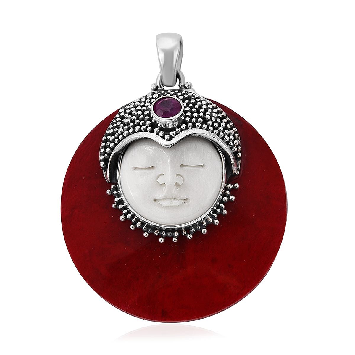 Bali Goddess Carved Bone and Multi Gemstone Pendant in Sterling Silver 0.40 ctw