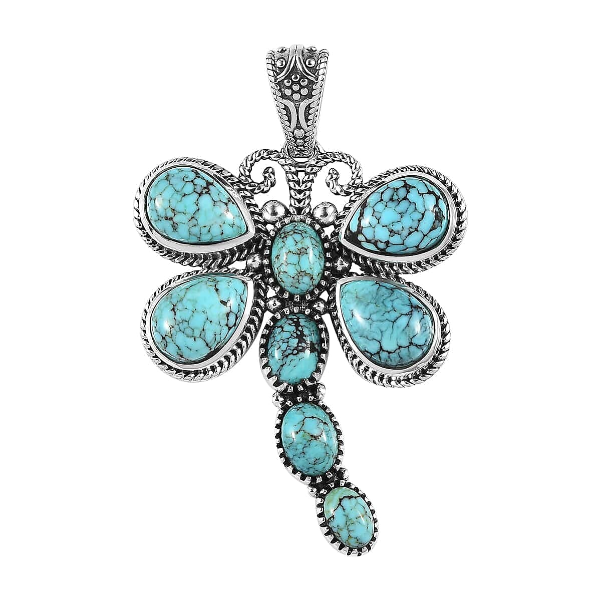 Artisan Crafted Blue Moon Turquoise Dragonfly Pendant in Sterling Silver 9.75 ctw
