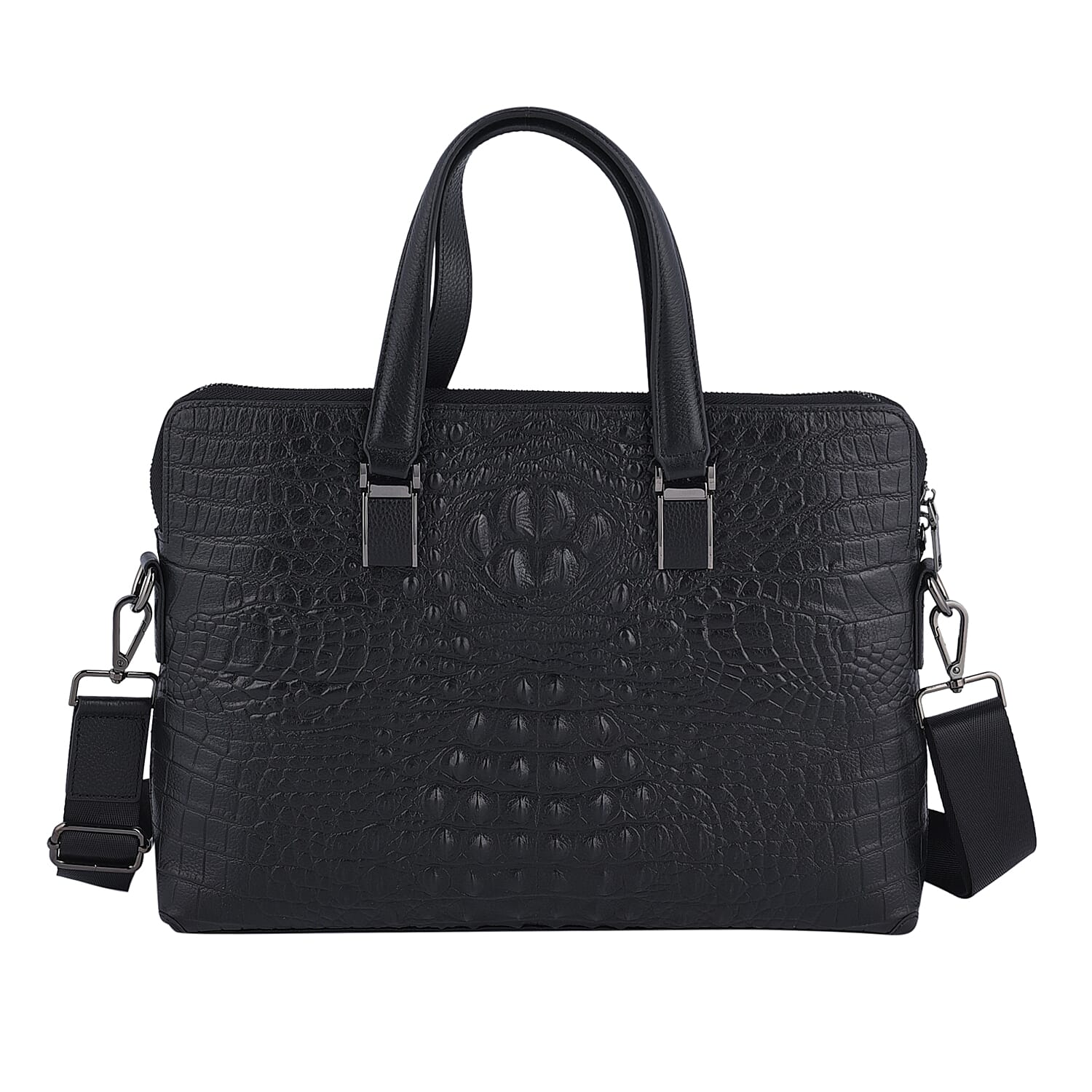 Black Crocodile Embossed Pattern Genuine Leather Laptop Bag (14.5"x2.8"x11.02") with Handle Drop & Detachable Shoulder Strap