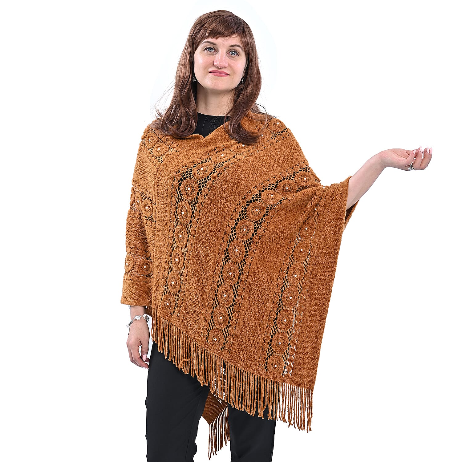 Beige Diamond-Shaped Knitted Poncho with Beads (One Size Fits Most)