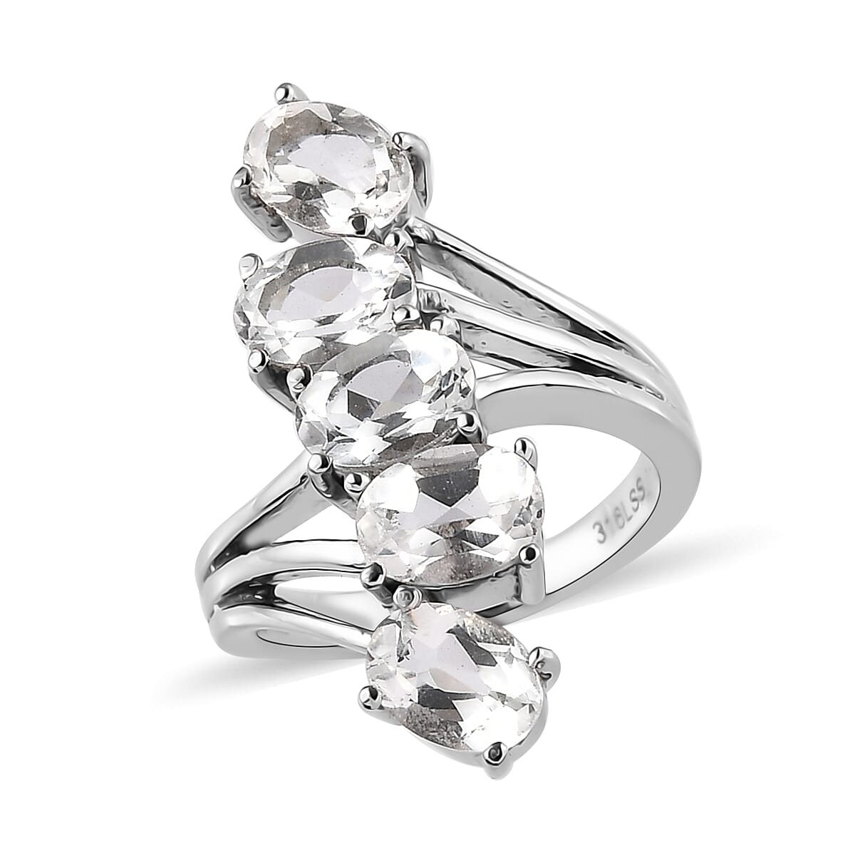 White Topaz 5 Stone Ring in Stainless Steel 4.75 ctw