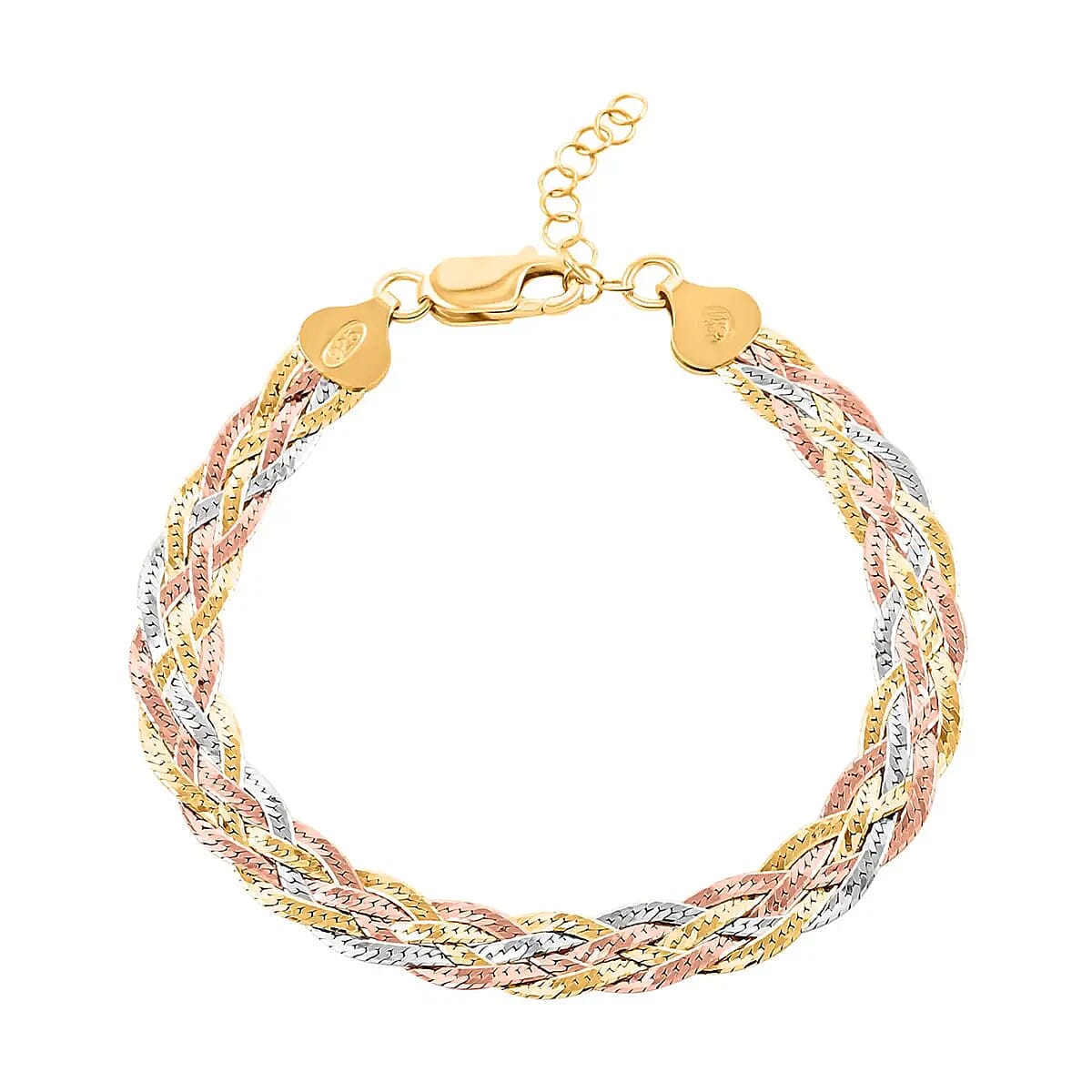 5 Lines Braided Herringbone Bracelet, Tri Tone Bracelet, Italian 14K Yellow Rose Gold Over Sterling Silver Bracelet, Adjustable Bracelet 5.80 Grams