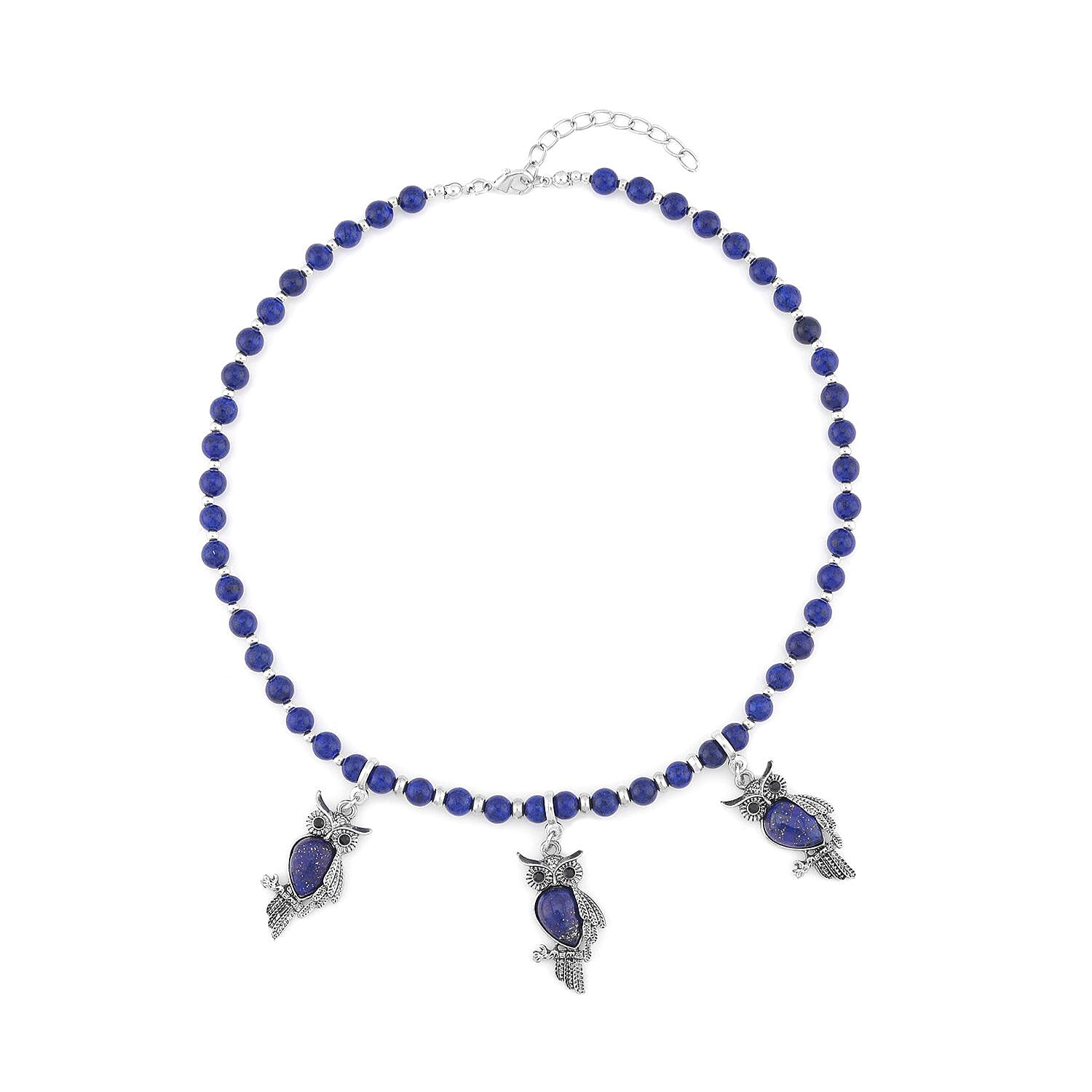 Lapis Lazuli and Black Glass Beaded Necklace 18-20 Inches with 3 Owl Charm Pendant in Black Oxidized Silvertone 115.00 ctw