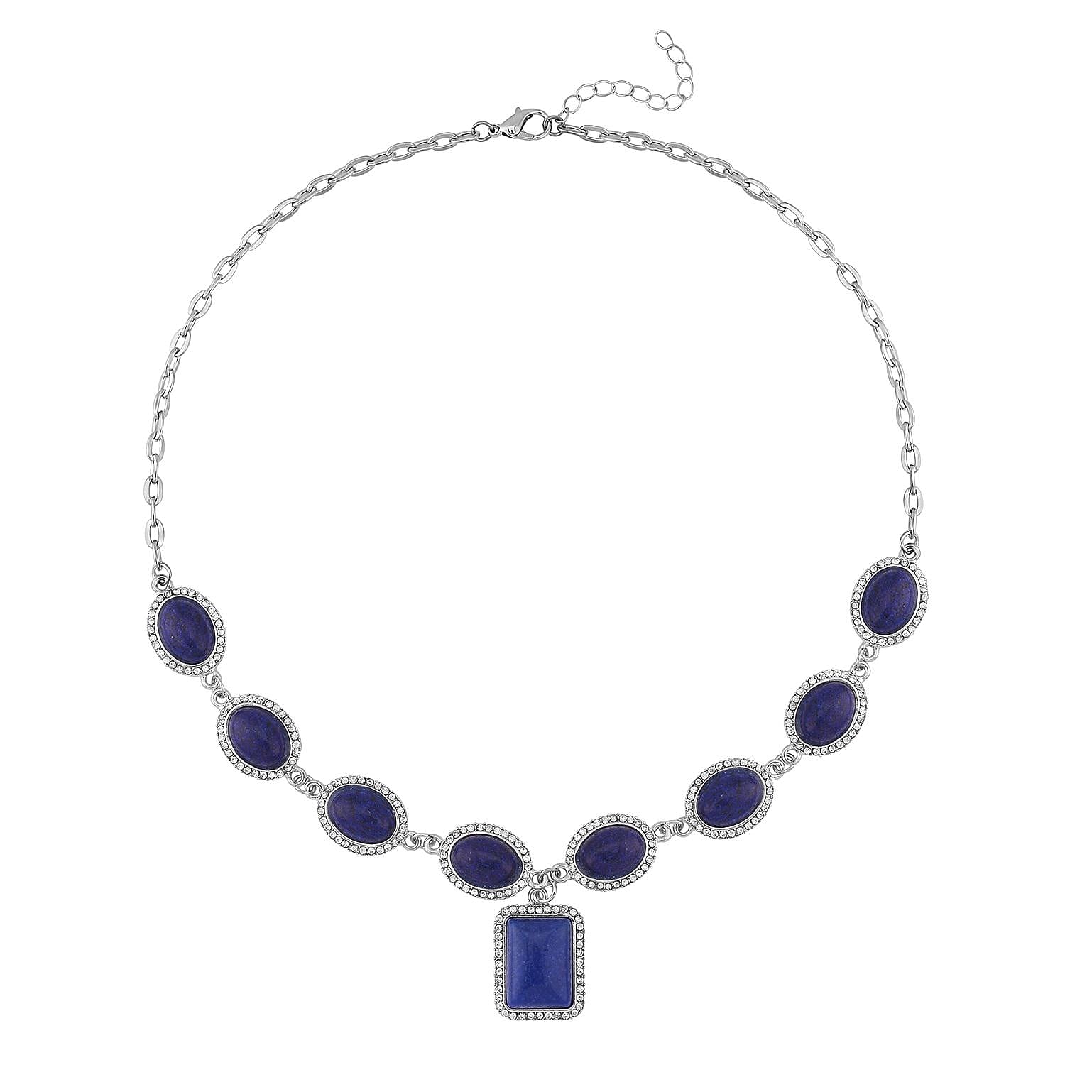 Lapis Lazuli and White Austrian Crystal Necklace 20 Inches in Silvertone 90.00 ctw