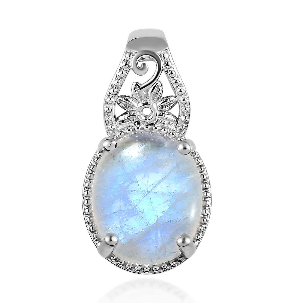 Kuisa Rainbow Moonstone Solitaire Pendant in Platinum Over Copper 5.50 ctw