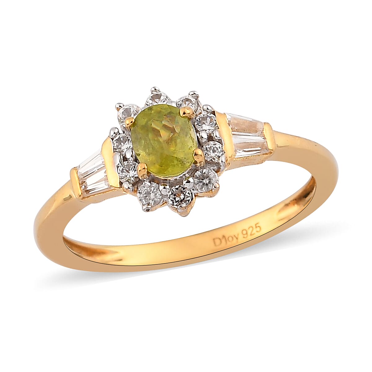 AAA Sava Sphene and Natural White Zircon Sunburst Ring in Vermeil Yellow Gold Over Sterling Silver 1.00 ctw