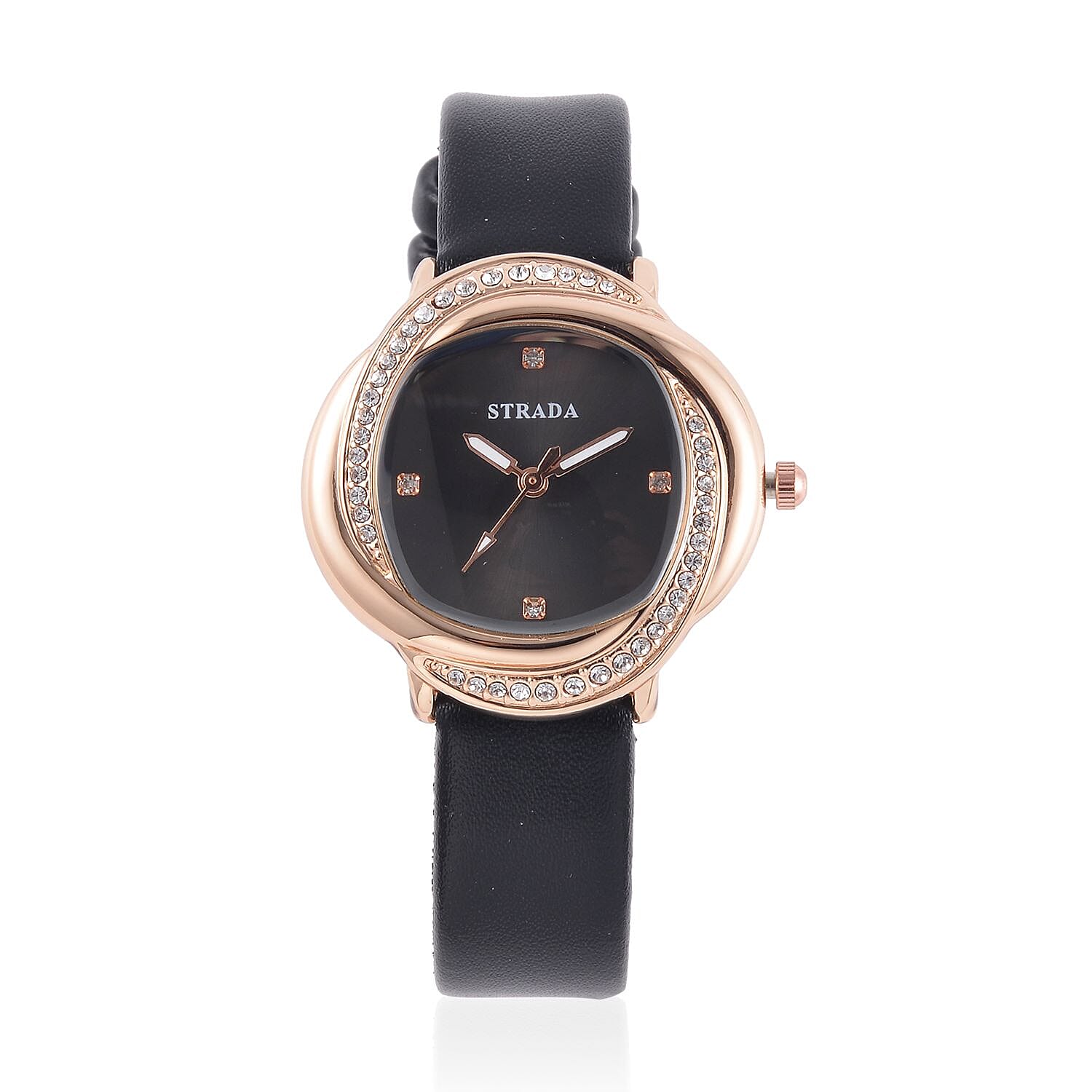 Strada Austrian Crystal Japanese Movement Watch with Black Faux Leather Strap (25.40mm) (6.0-7.5 Inches)