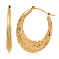 14K Yellow Gold 26x3mm Leaf Design Textured Hoop Earrings (2 g)