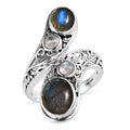Artisan Crafted AAA Malagasy Labradorite, Kuisa Rainbow Moonstone Bypass Ring in Sterling Silver (Size 10.0) 5.15 ctw - Sticky add to cart bar