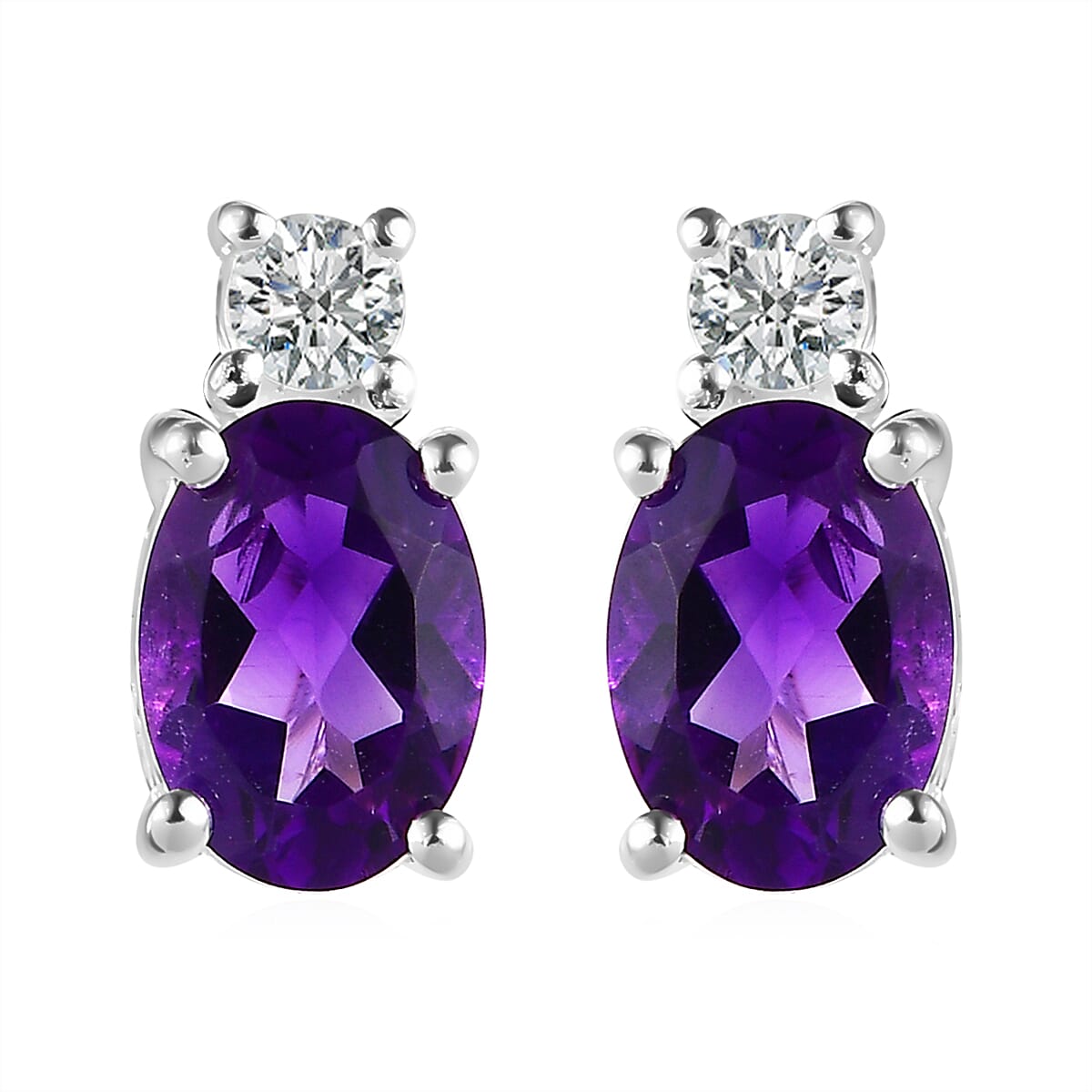 Amethyst and White Topaz Stud Earrings in Sterling Silver and Stainless Steel 1.60 ctw