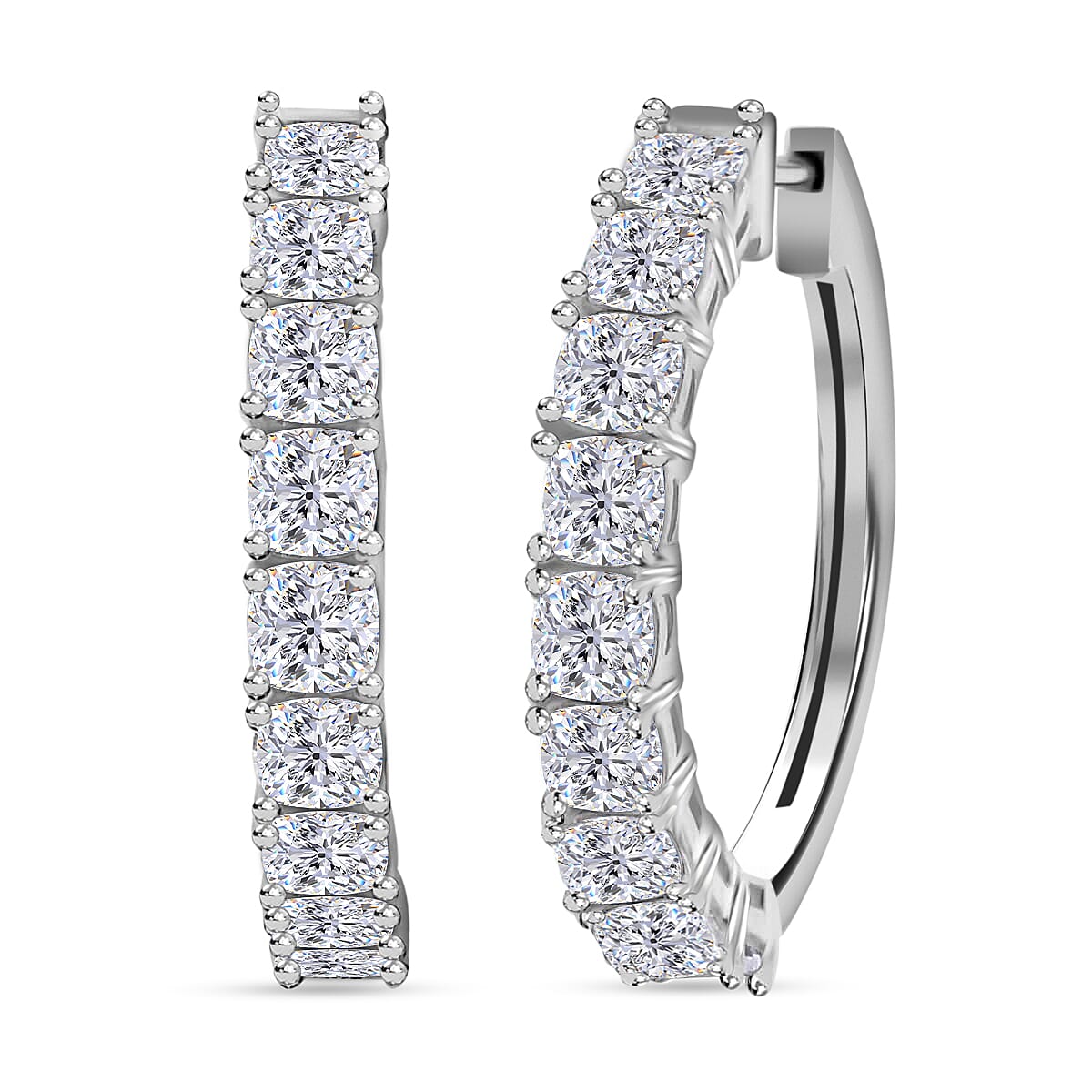 One Time Only Moissanite (Cush 4x4 mm) Hoop Earrings in Platinum Over Sterling Silver 5.50 ctw