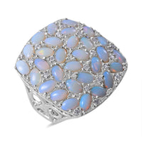 Australian White Opal and Moissanite Ring in Platinum Over Sterling Silver 8 Grams 4.75 ctw
