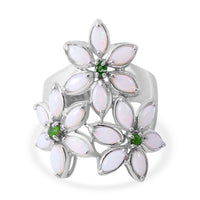 Australian White Opal and Natural Chrome Diopside Floral Ring in Platinum Over Sterling Silver 1.50 ctw