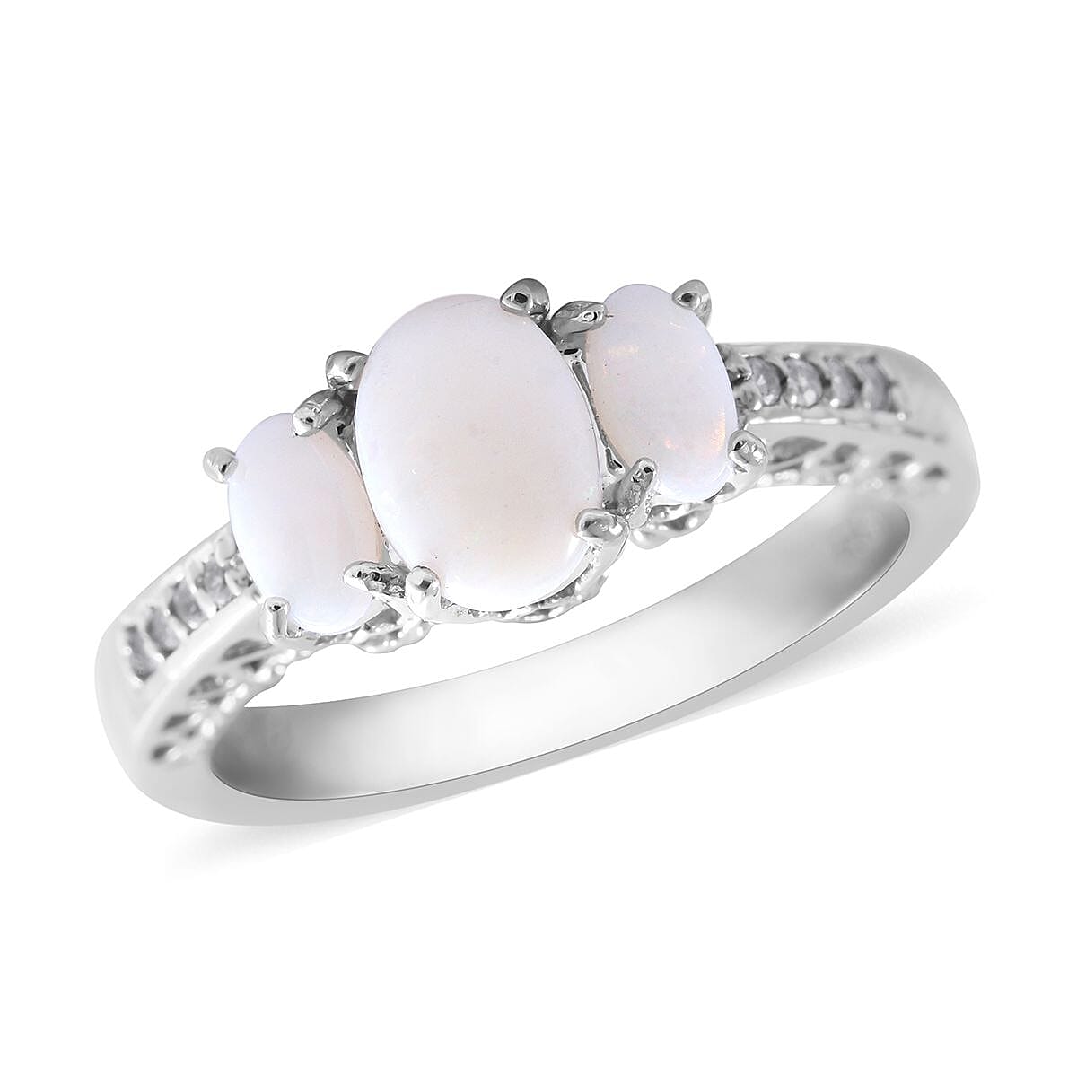 Australian White Opal and Natural White Zircon Ring in Platinum Over Sterling Silver 0.85 ctw