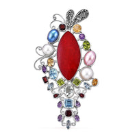 Bali Legacy Red Coral, Multi Gemstone Floral Brooch in Sterling Silver 21.35 ctw