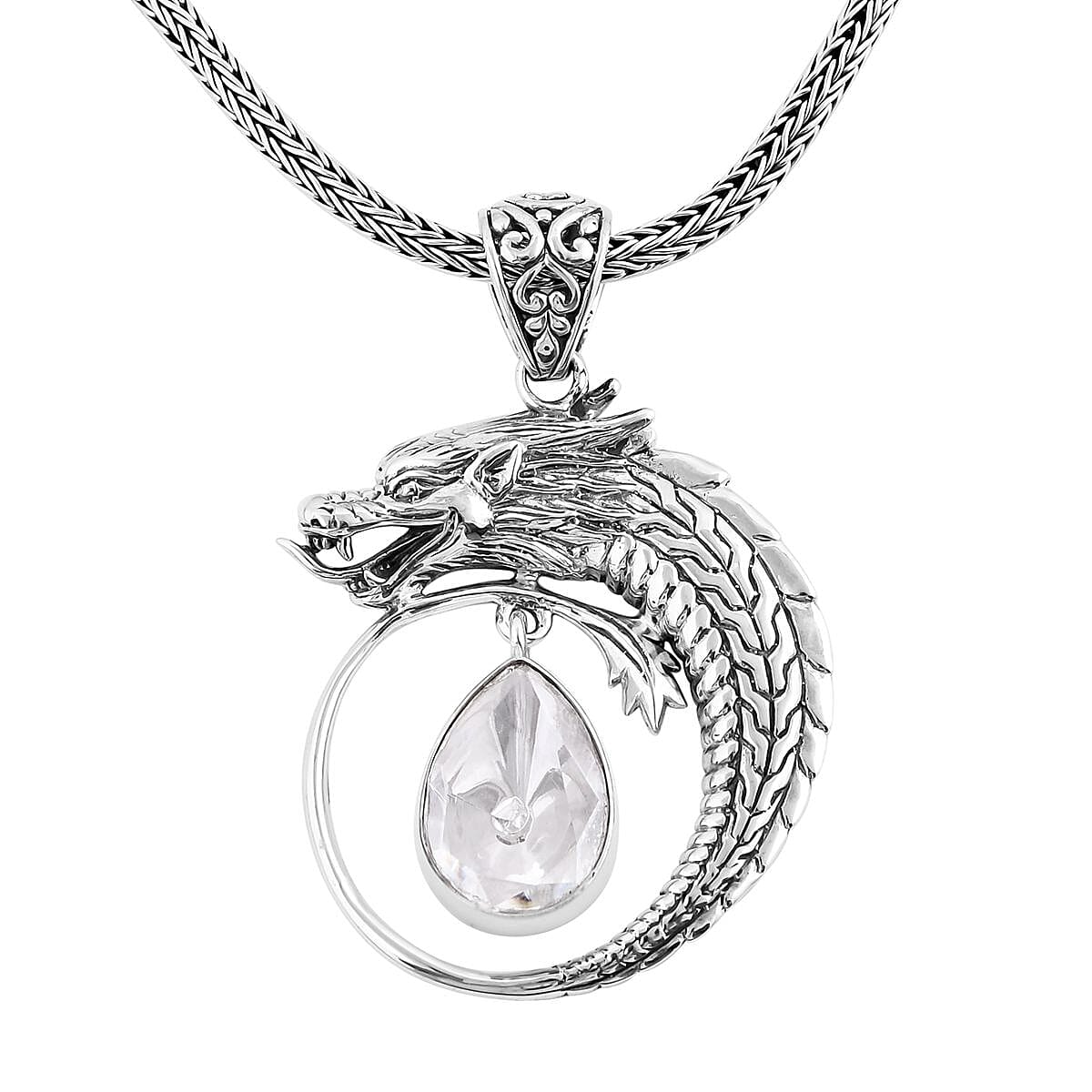 Bali Legacy Polki Moissanite Dragon Pendant Necklace 20 Inches in Sterling Silver 1.00 ctw