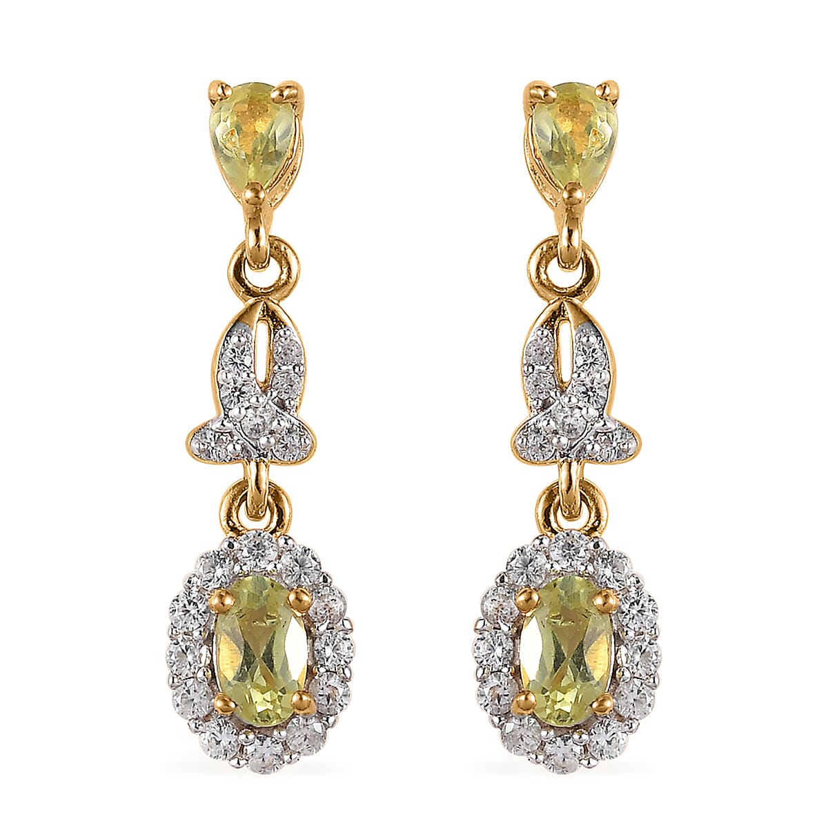 Natural Chrysoberyl and White Zircon Dangle Earrings in Vermeil Yellow Gold Over Sterling Silver 1.25 ctw