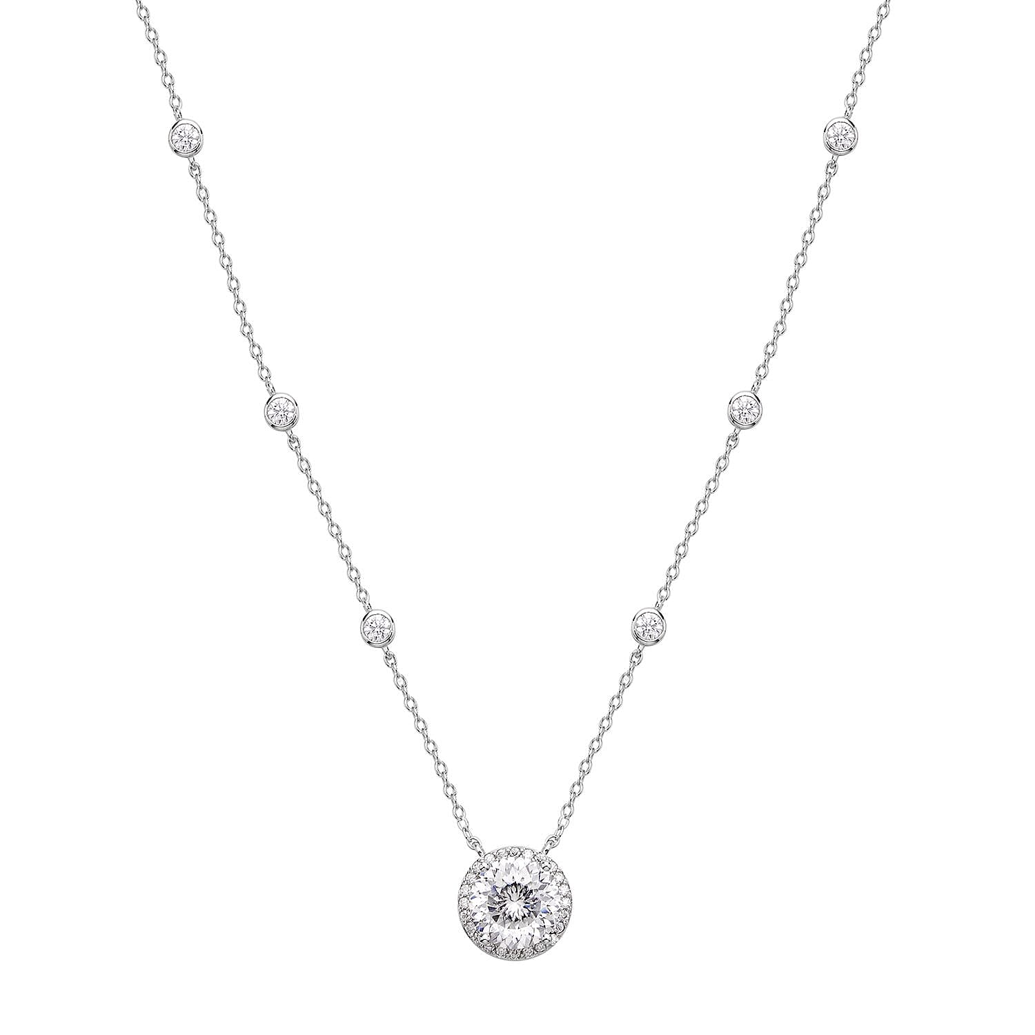 100 Facets Moissanite Halo Necklace 18 Inches in Rhodium Over Sterling Silver 4.35 ctw