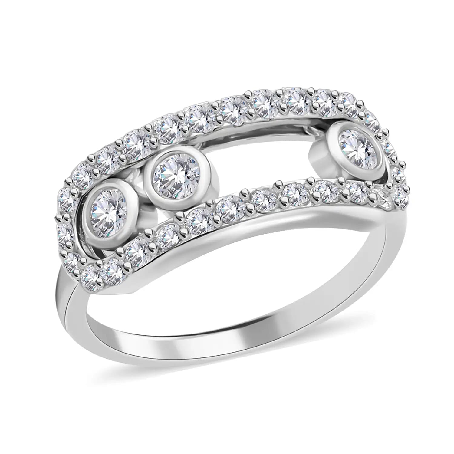 Moissanite Sliding Ring in Rhodium Over Sterling Silver (Size 10.0) 0.90 ctw