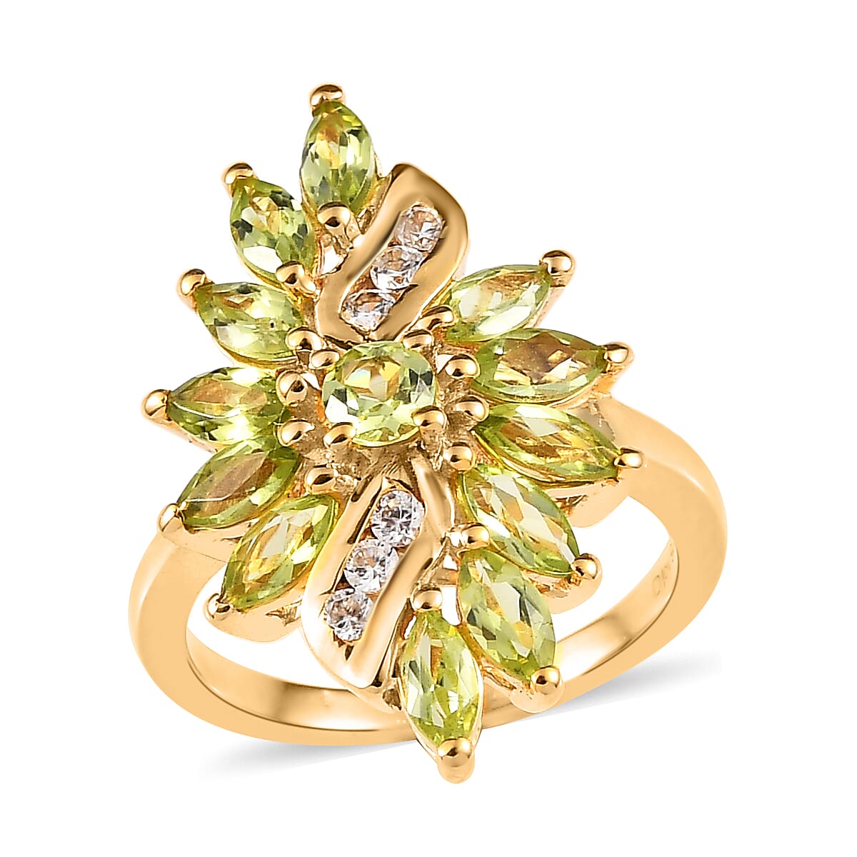 American Natural Arizona Peridot and Natural White Zircon Elongated Ring in Vermeil YG Over Sterling Silver 2.15 ctw