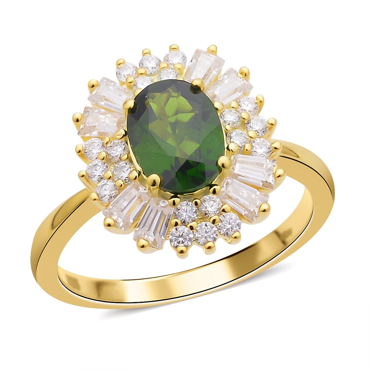 Natural Chrome Diopside and Moissanite Halo Spray Ring in Vermeil Yellow Gold Over Sterling Silver 2.10 ctw