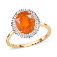 LUXORO 10K Yellow Gold AAA Brazilian Fire Opal and Diamond Halo Ring 1.90 Grams 2.15 ctw (Delivery in 12-15 Business Days)