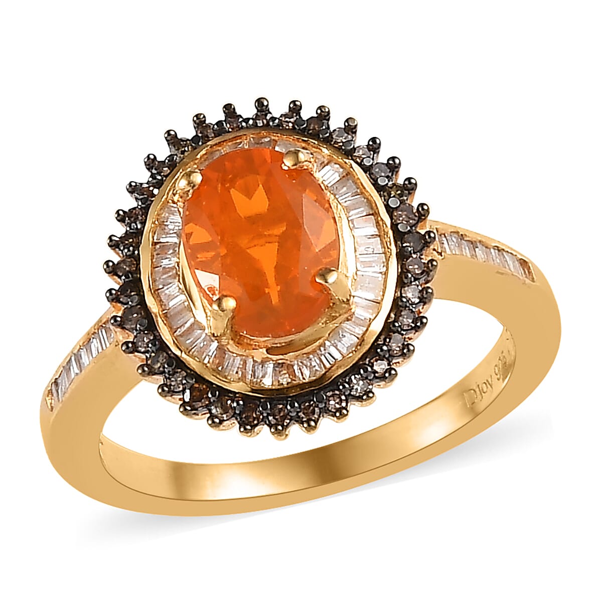 Premium Brazilian Fire Opal, Natural Champagne and White Diamond Sunburst Ring in Vermeil Yellow Gold Over Sterling Silver 1.30 ctw