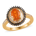 Premium Brazilian Fire Opal, Natural Champagne and White Diamond Sunburst Ring in Vermeil Yellow Gold Over Sterling Silver 1.30 ctw - Sticky add to cart bar