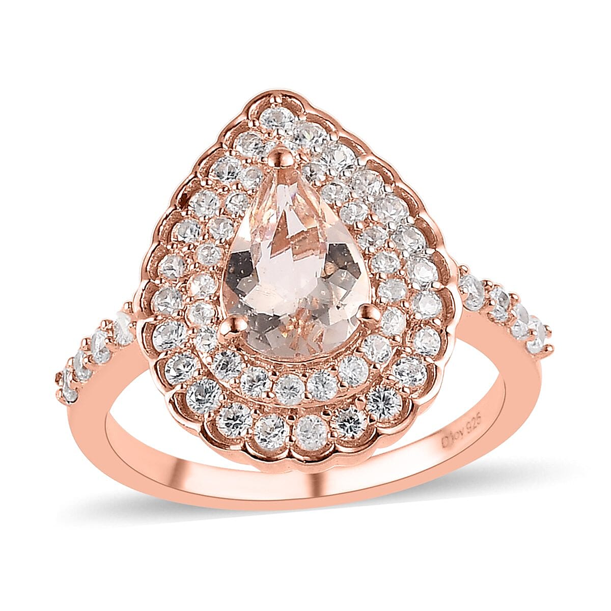 Marropino Morganite and White Zircon Double Halo Ring in Vermeil Rose Gold Over Sterling Silver 2.50 ctw