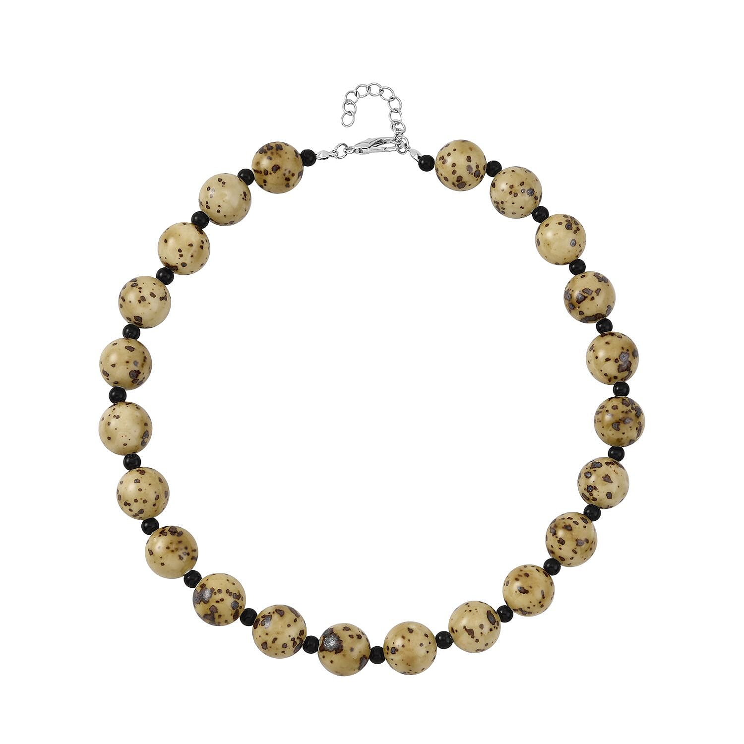 Multi Color Ceramic and Black Glass Beaded Necklace 21.5-23.5 Inches in Silvertone