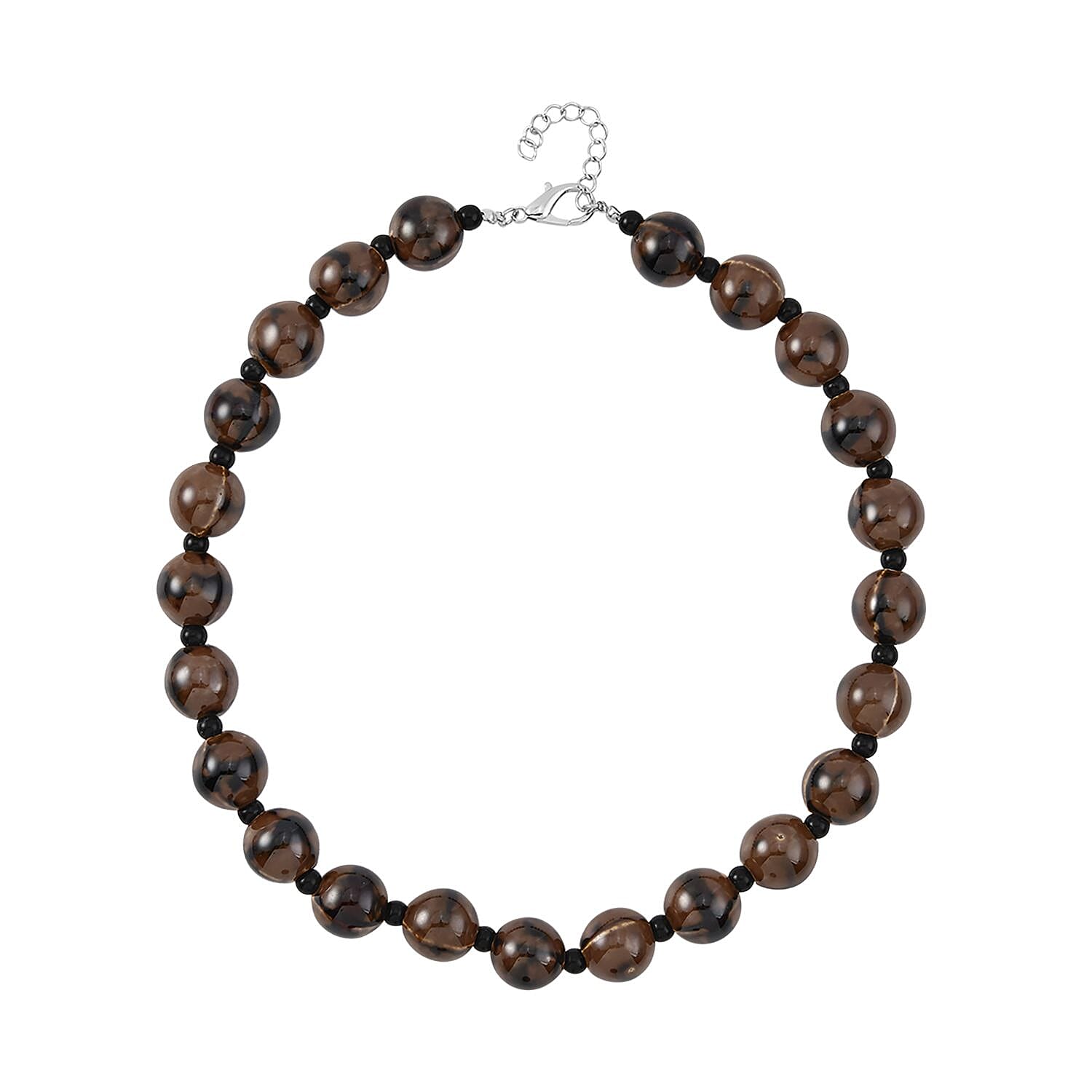 Multi Color Ceramic and Black Glass Beaded Necklace 21.5-23.5 Inches in Silvertone