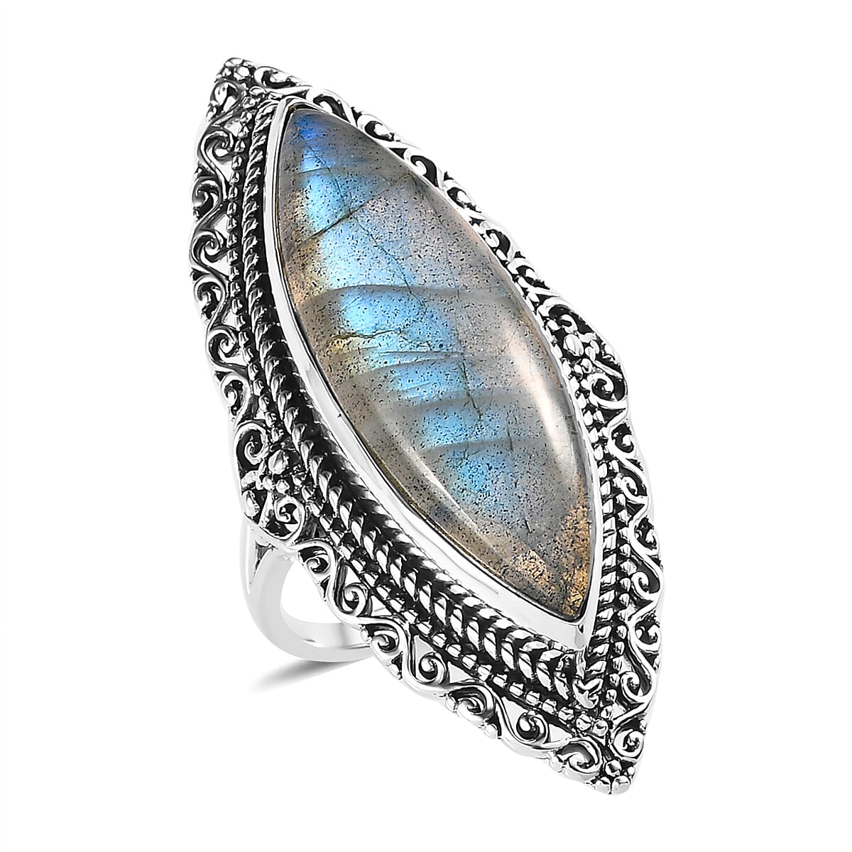 Artisan Crafted AAA Malagasy Labradorite Marquee Shape Solitaire Ring in Sterling Silver (Size 10.0) 14.15 ctw