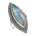 Artisan Crafted AAA Malagasy Labradorite Marquee Shape Solitaire Ring in Sterling Silver (Size 10.0) 14.15 ctw - Sticky add to cart bar