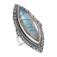 Artisan Crafted AAA Malagasy Labradorite Marquee Shape Solitaire Ring in Sterling Silver (Size 10.0) 14.15 ctw