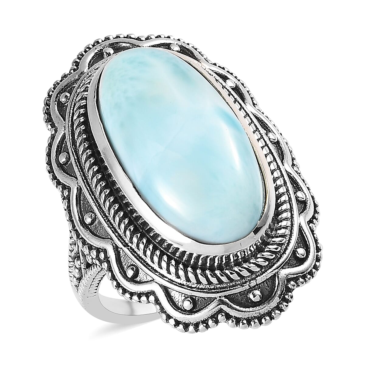 Artisan Crafted Larimar Oval Shape Solitaire Ring in Sterling Silver 10.00 ctw
