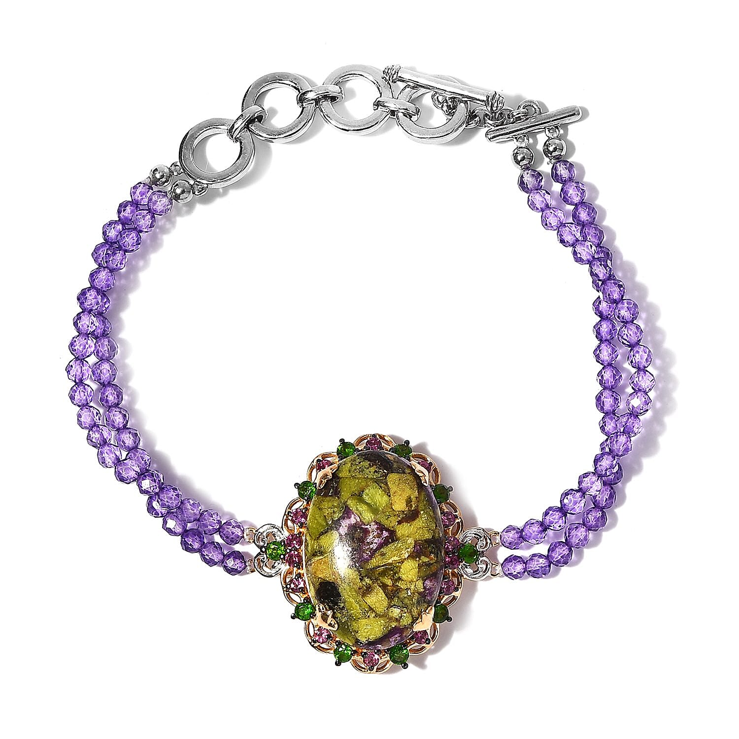 Tasmanian Stichtite and Multi Gemstone Bracelet in Vermeil YG and Platinum Over Sterling Silver (6.50-8.50In) 31.00 ctw