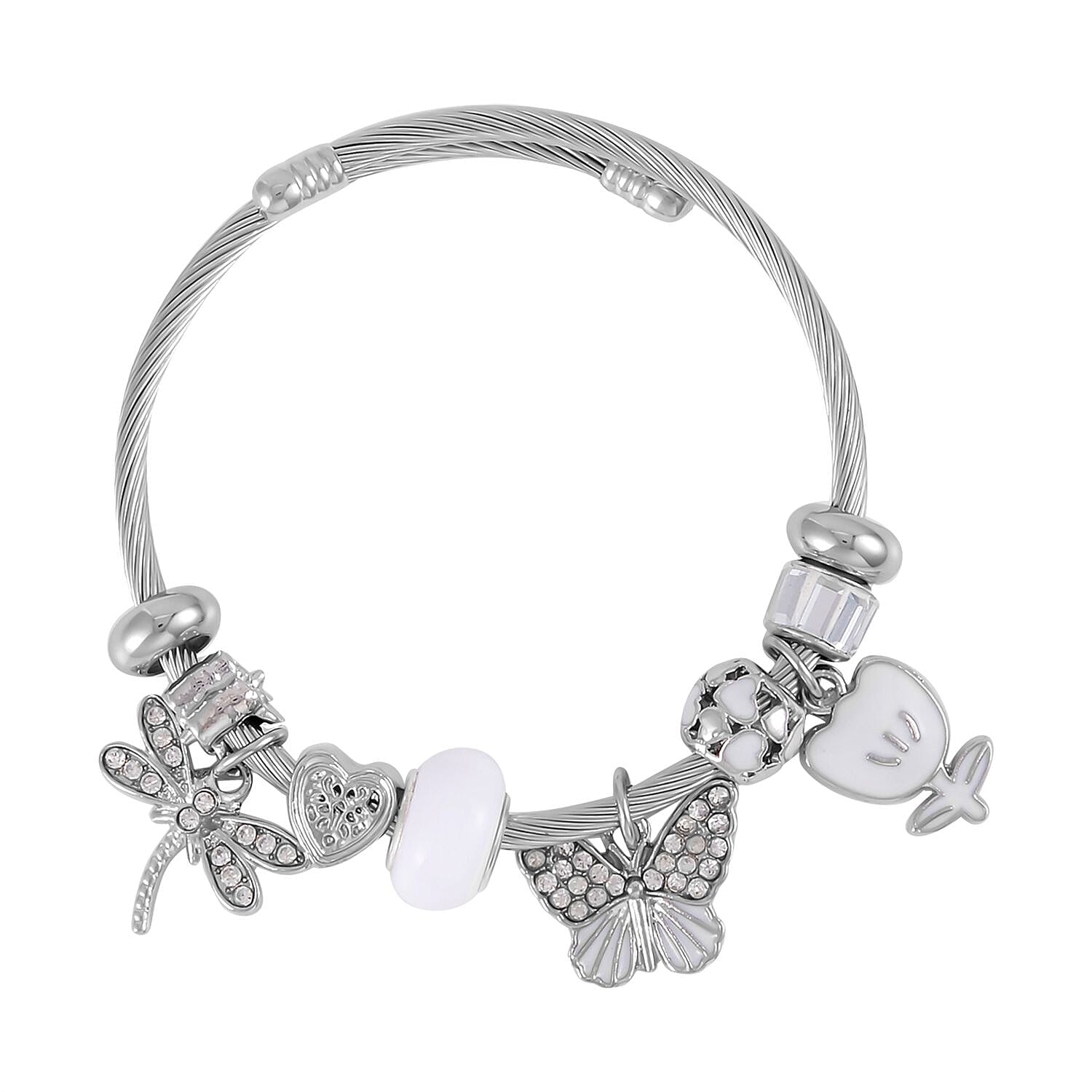 Austrian Crystal, White Glass, Enameled Bracelet (6.5-7.5In) in Stainless Steel & Silvertone