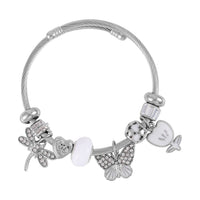 Austrian Crystal, White Glass, Enameled Bracelet (6.5-7.5In) in Stainless Steel & Silvertone