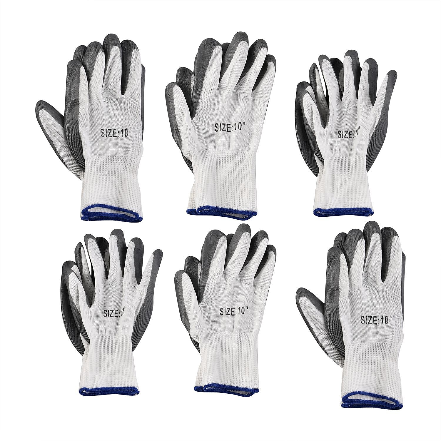 Set of 6 Pairs Grey Nylon Nitrile Garden Gloves (Size 10)