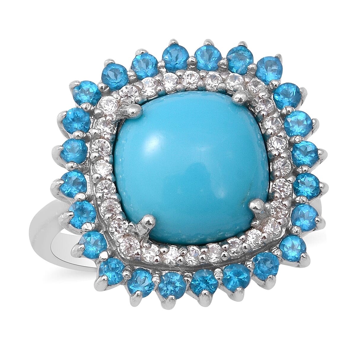 AMERICAN Natural Sleeping Beauty Turquoise, Multi Gemstone Cocktail Ring in Platinum Over Sterling Silver (Size 10.0) 6.25 ctw