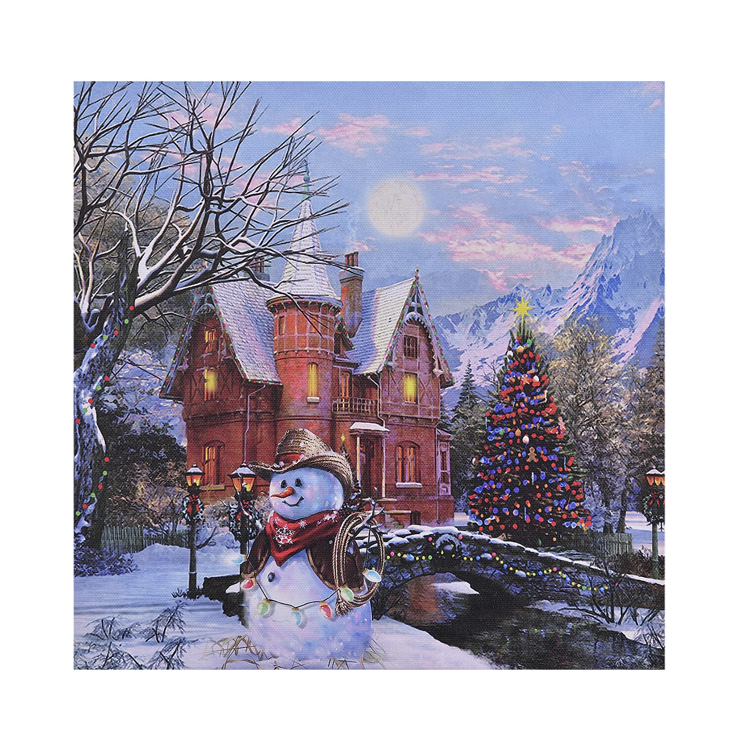 HOMESMART Multi Color Canvas 5-LED Snowman and House Painting (9.84"x0.019"x9.84") (2xAA Battery Not Included)