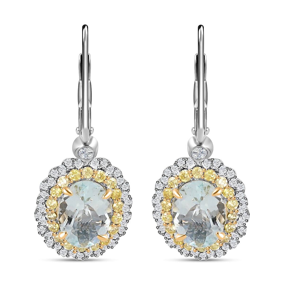 Mangoro Aquamarine, Natural Yellow and White Diamond 2.35 ctw Earrings in 14K White and Yellow Gold