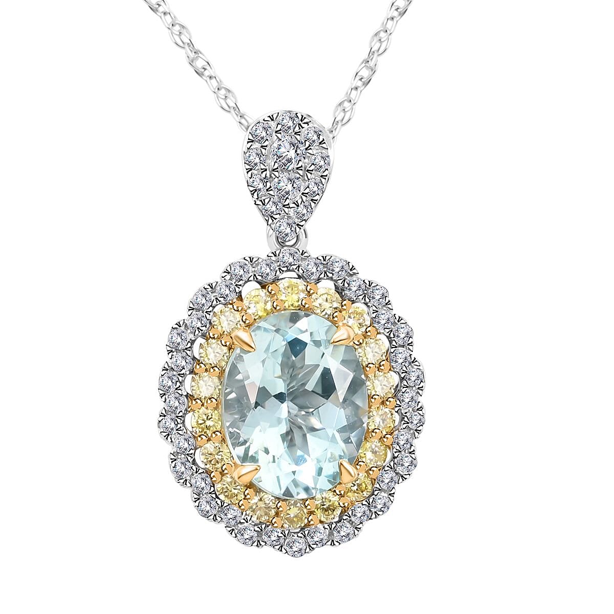 Mangoro Aquamarine, Natural Yellow and White Diamond 2.10 ctw Necklace in 14K White and Yellow Gold 18 Inches
