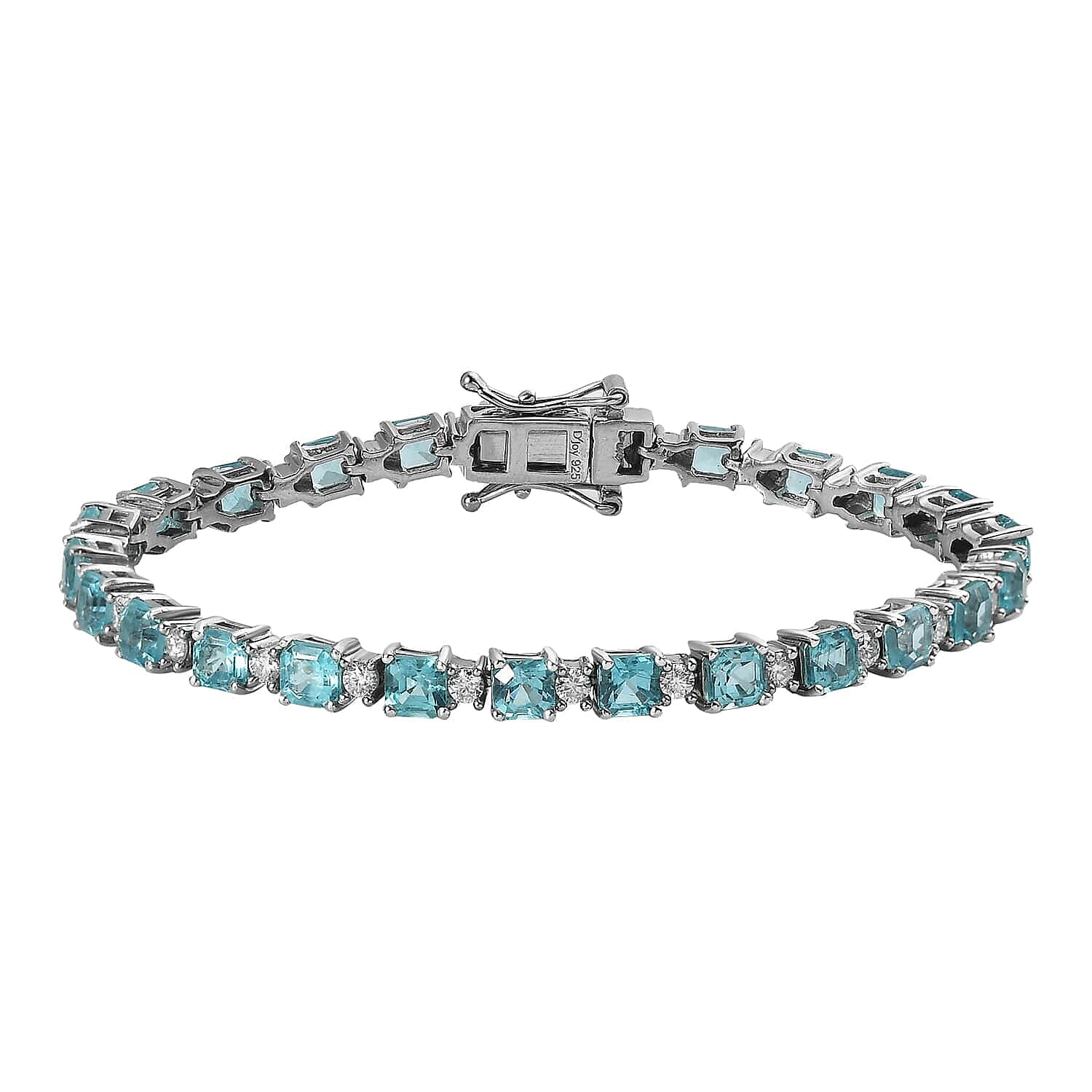 TLV Asscher Cut Madagascar Paraiba Apatite, Moissanite Tennis Bracelet in Platinum Over Sterling Silver (8.00 In) 11.60 ctw