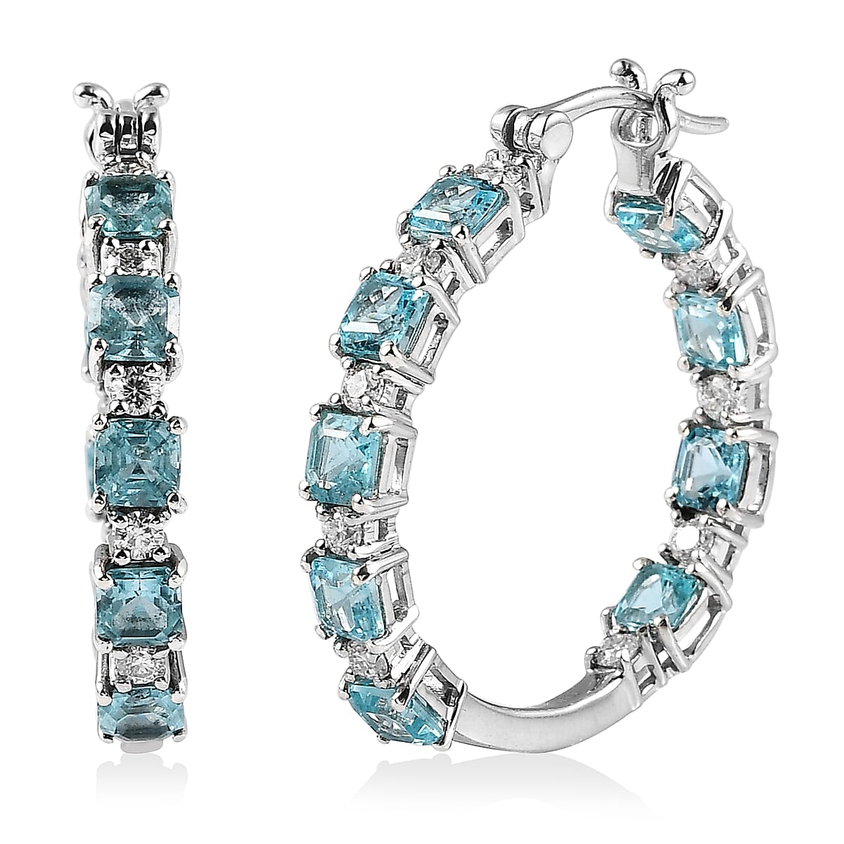 Madagascar Paraiba Apatite and Moissanite Inside Out Hoop Earrings in Platinum Over Sterling Silver 6.50 ctw