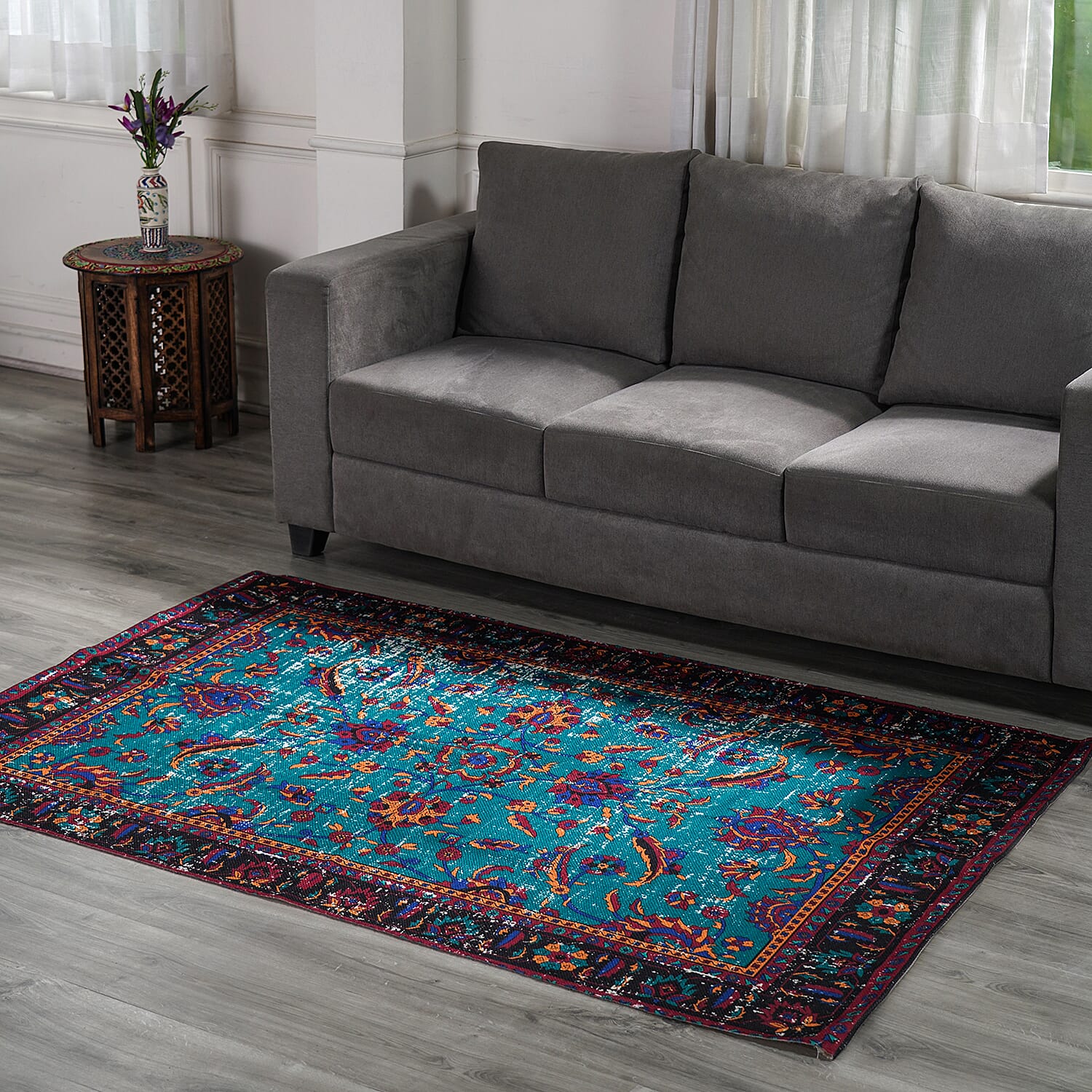 HOMESMART Blue Color Polyester Handwoven Digital Printed Rug (84"x60") (6.1 lbs)