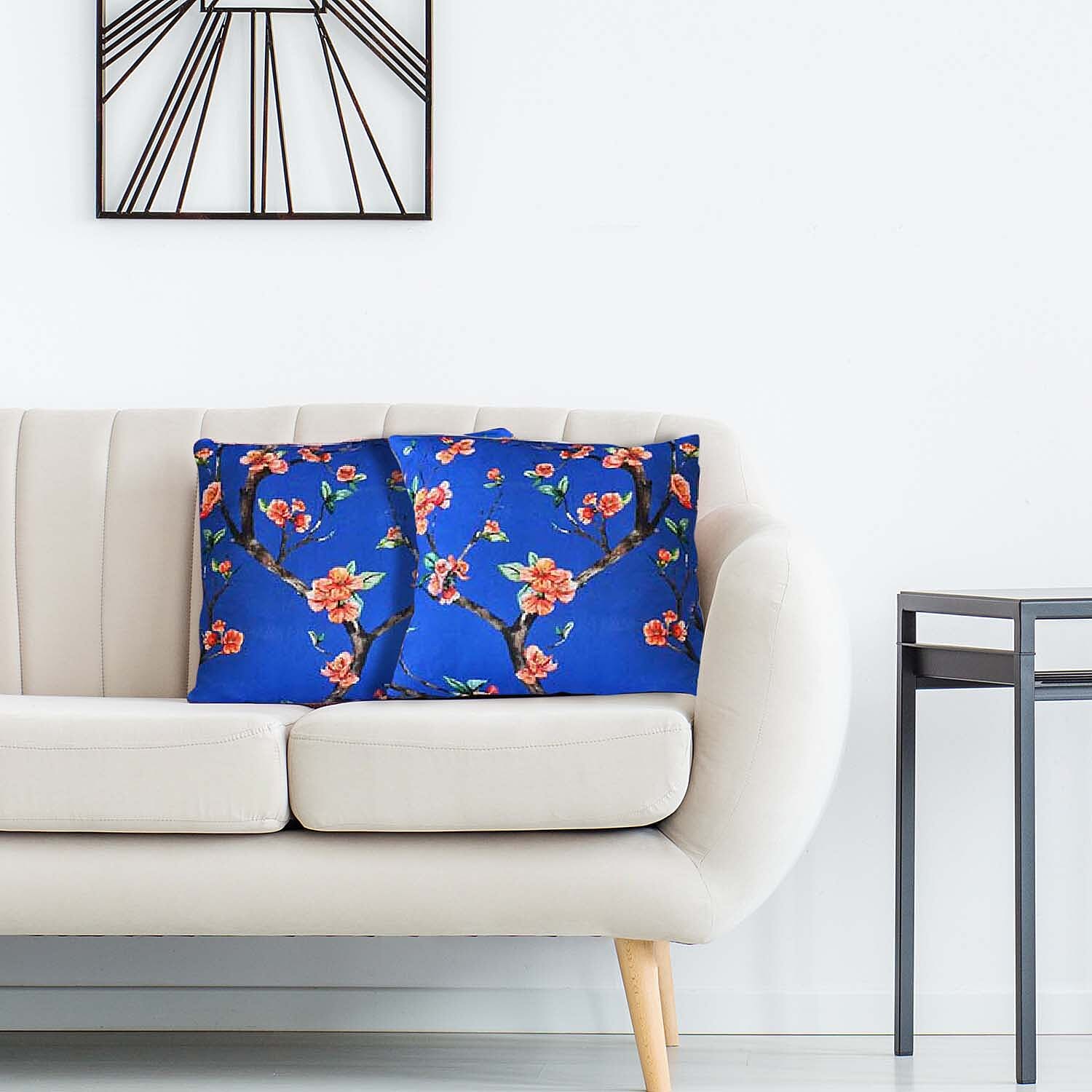 Home Innovations Set of 2 Blue Floral Digital Printed Recycled PET Polyester Double Matte Cushion Covers (17"x17")