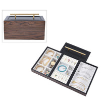 Brown Wooden Walnut Faux Leather 3 Layer Jewelry Box